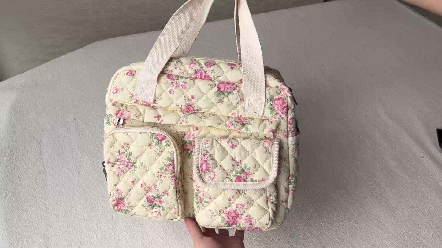 2pcs/Set Small Cute Floral Quilted Tote Bag with Multi-Pockets for Women, Crossbody Shoulder Everyday Handbags