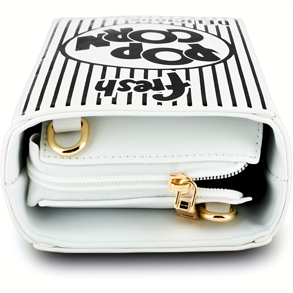 Trendy Popcorn Box Design Handbag for Women, Featuring a Crossbody Style with a Chain Strap, a Distinctive Square Shape, And an Adjustable Wallet