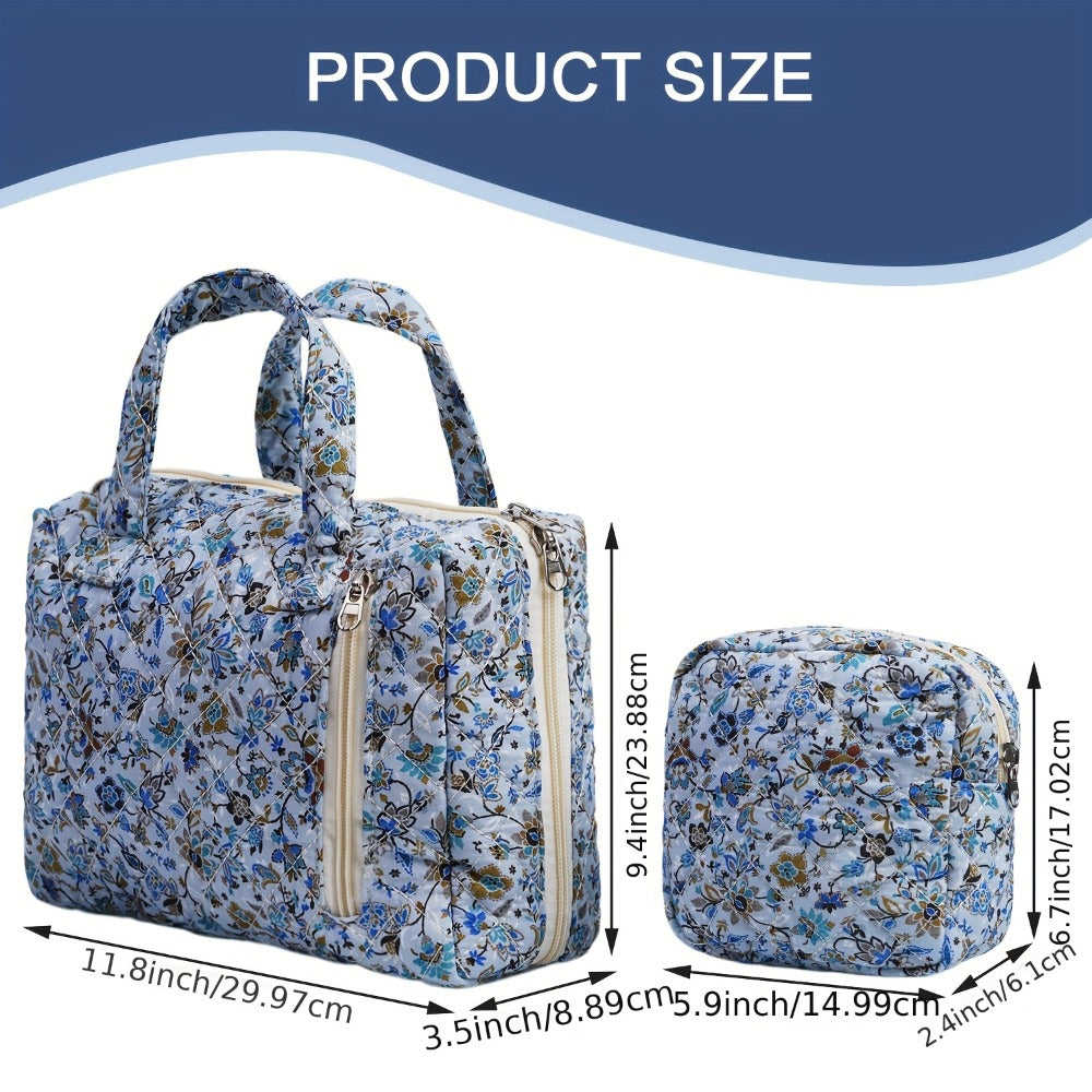 Cute Quilted Floral Print Fabric Bags 2pcs Set - Handbag, Makeup Pouch, Toiletry Bag, Coin Purse & Storage Pouch for Women | 2025 Collection