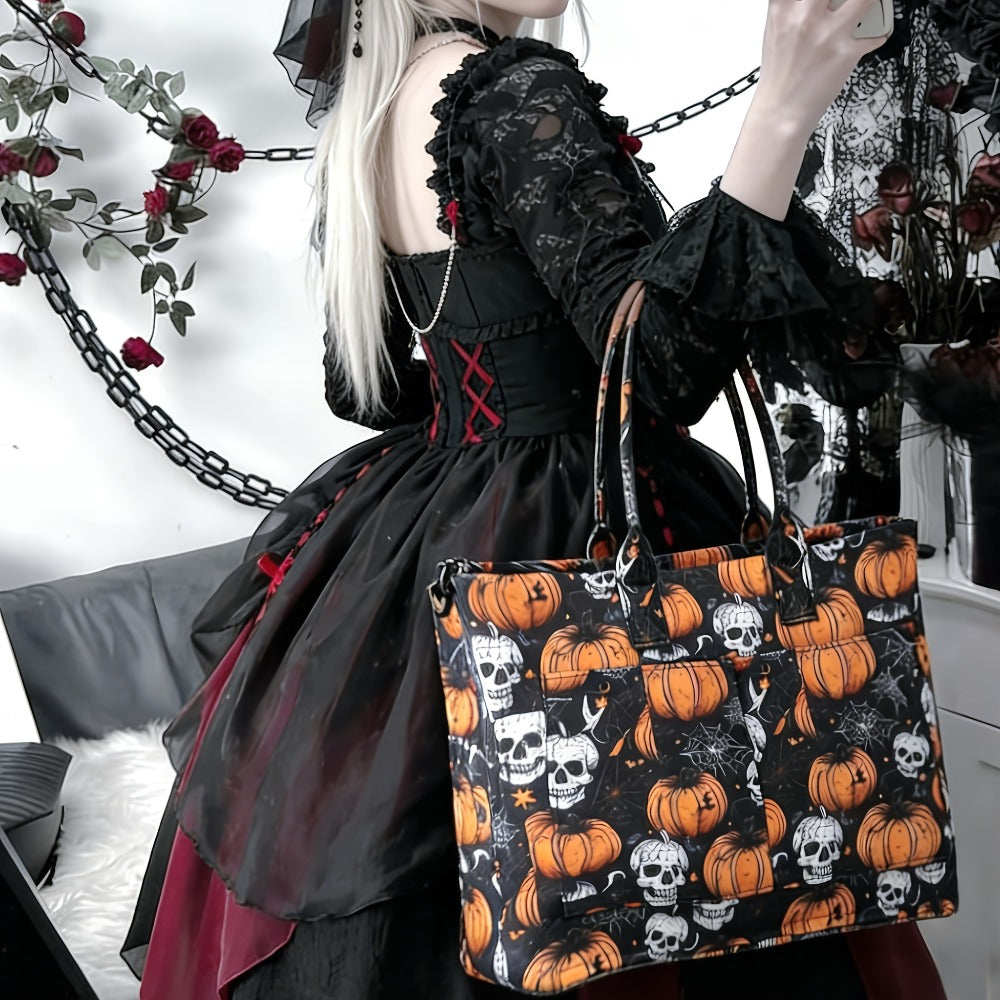 Discount - Ladies' Large-capacity Handbag, Featuring Three-color Top Handles (pumpkin Skull, Peach And Daisy Patterns), Polyester Lining, with Detachable Shoulder Straps - Durable, Casual Sporty Design, Holiday Gift.