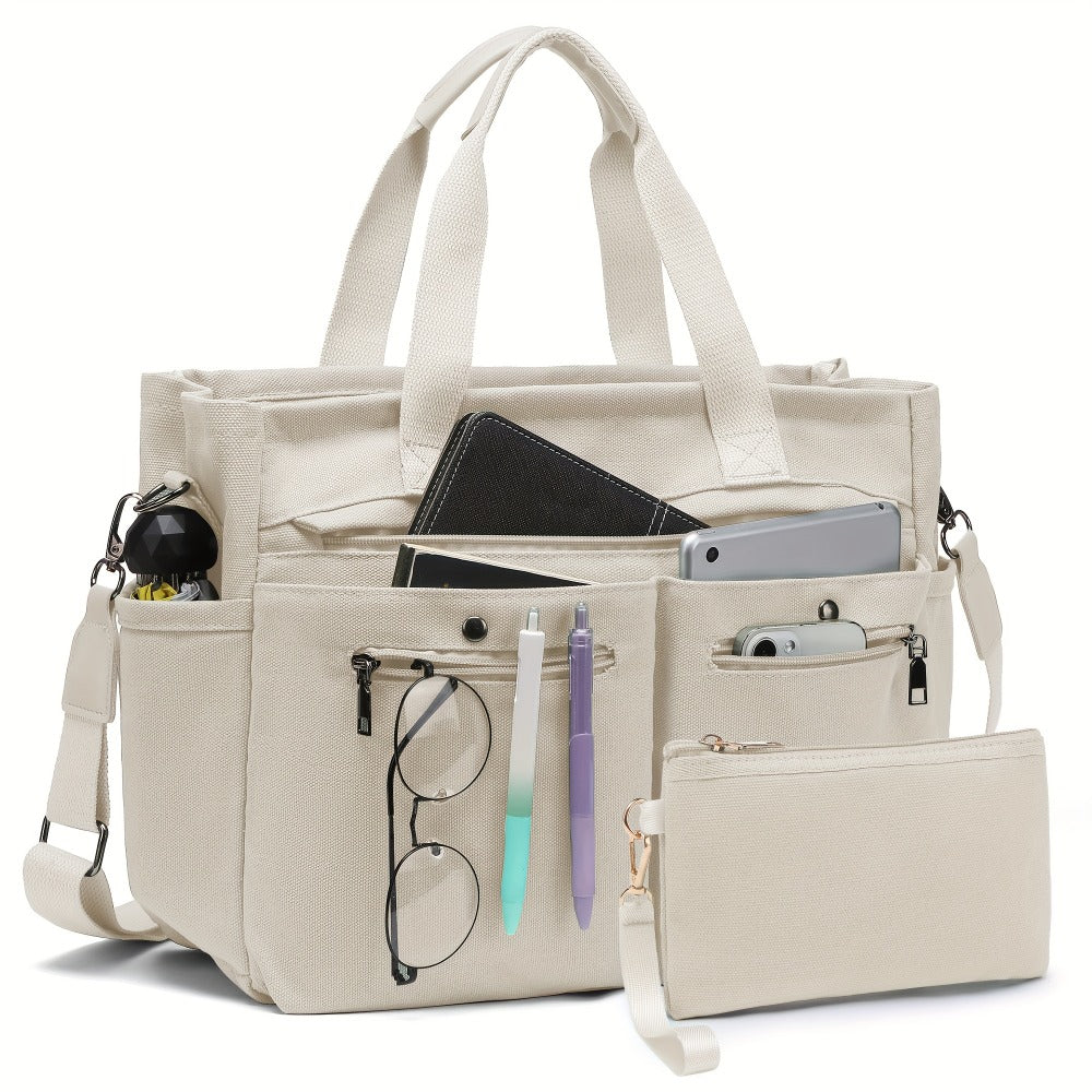 2pcs set of Women's canvas handbags - multi-functional laptop work bag, crossbody shoulder bag, casual and fashionable hobo bag, suitable for travel, fitness and daily use