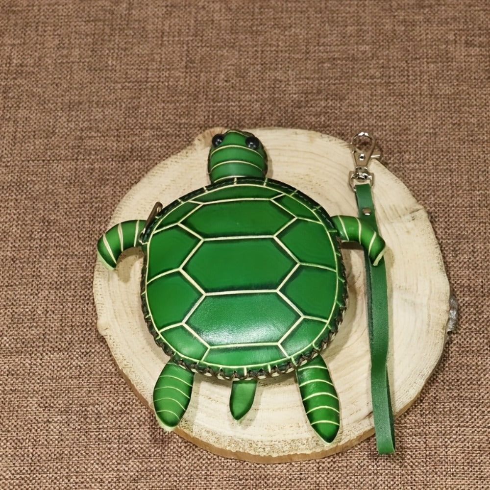 Handcrafted Retro Turtle Coin Purse - Full-Grain Cowhide Genuine Leather, Removable Genuine Leather Wristlet, Zipper Closure, Multi-Compartment for Coins/Cards/Keys, Thoughtful Gift for Women Students Friends Family