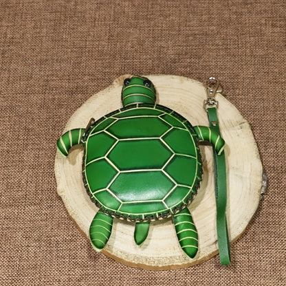 Handcrafted Retro Turtle Coin Purse - Full-Grain Cowhide Genuine Leather, Removable Genuine Leather Wristlet, Zipper Closure, Multi-Compartment for Coins/Cards/Keys, Thoughtful Gift for Women Students Friends Family