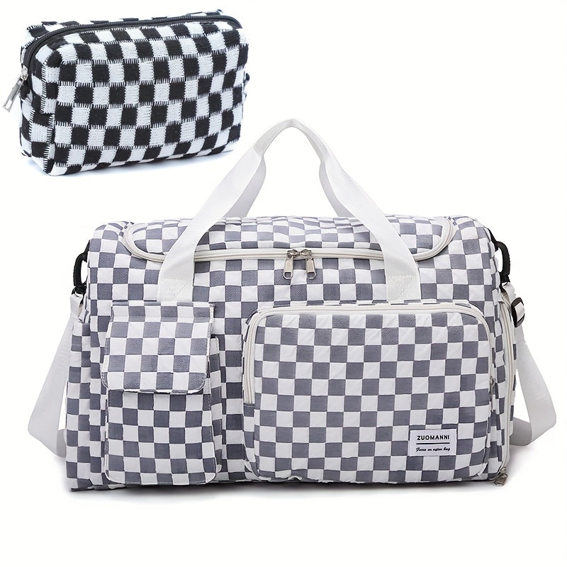 2pcs Checkered Travel Duffel Bag with Makeup Bag for Women Fordable Gym Bag Carry On Weekender Bag with Shoe Compartment