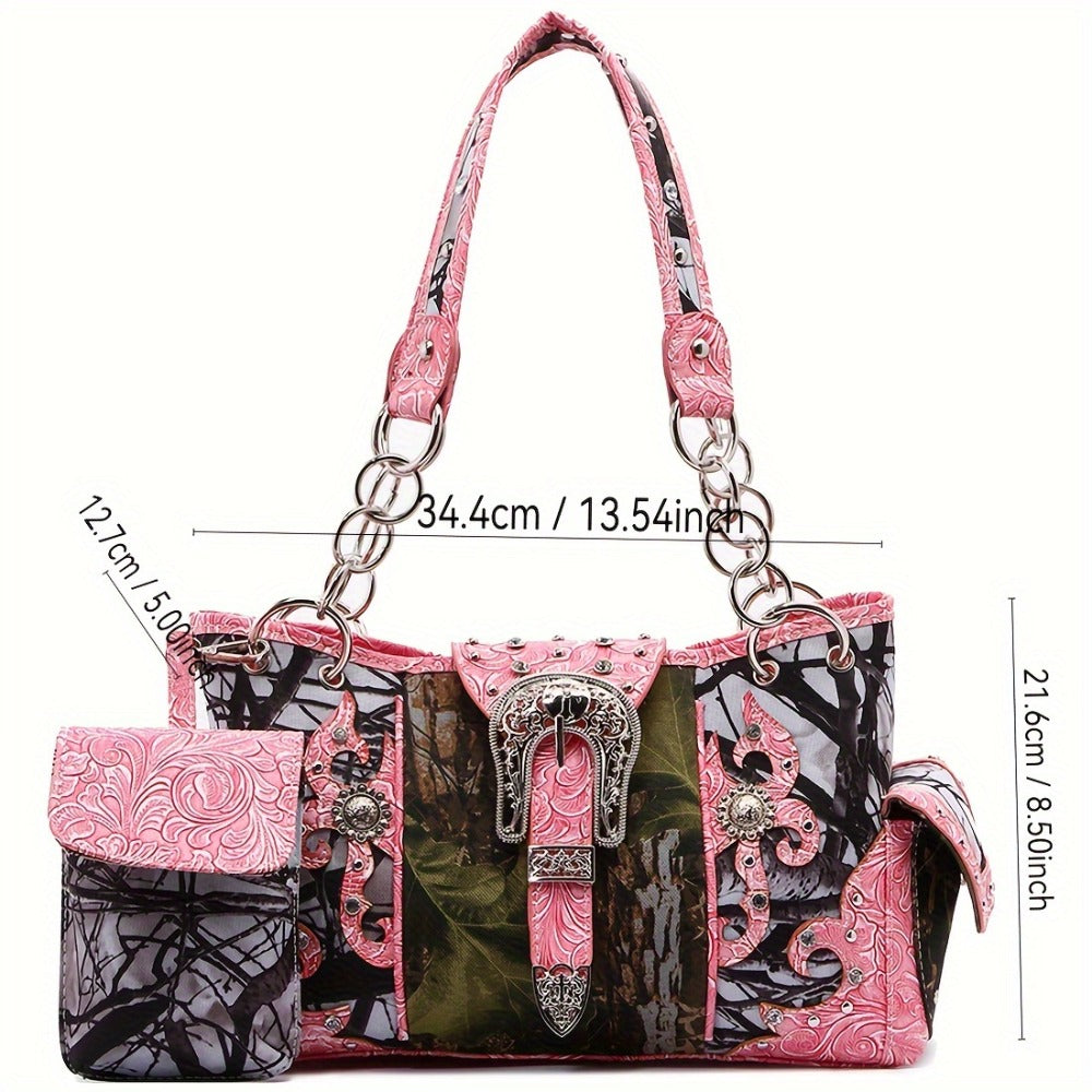Western Style Camouflage Handbag, Concho Buckle Tooled Floral Country Studs Crossbody Women's Handbag, Backpack, Wallet Set, Ideal Christmas Gift