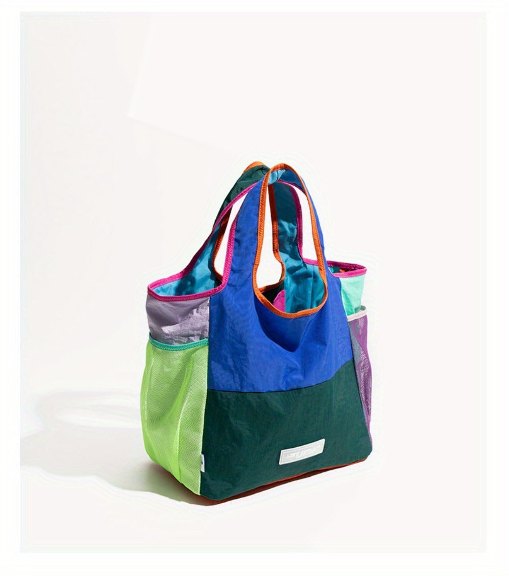 Lightweight Patchwork Handbag with Adjustable Strap & Snap Closure - Multicolor Patchwork (////), Machine-Washable Polyester Beach Satchel Bag Suitable for Casual & Dressy Outfits