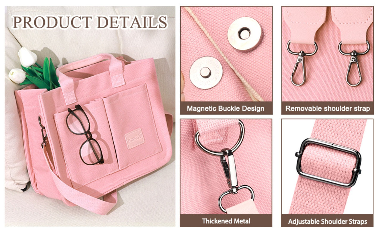 Tote Bag for Women, with Zipper Closure, Large Capacity Individual Compartments, Detachable Strap & Bottom, Multi-Purpose for Travel, Work, Shopping & College, Ideal Gift Option