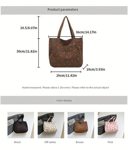 Women' Large Capacity Corduroy Tote Bag with Strawberry Pattern - /// Casual Handbag, Zipper Closure & - Corduroy Shoulder Bag for, Travel, Shopping