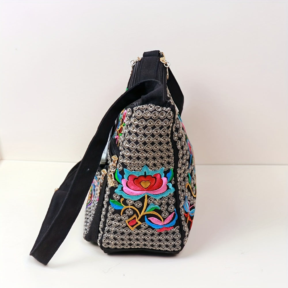 Retro Bohemian Flower Pattern Shoulder Bag, Classic Retro Zipper Crossbody Bag, Birthday Gift for Mom