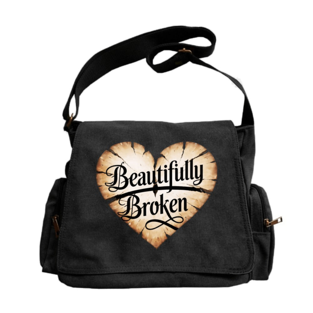 A Spacious Ladies' Shoulder Bag with a Flip-Top Design, Featuring a Vintage Style And a Heart-Shaped Crack Pattern Adorned with The Phrase 'Beautifully Broken'. It'S Perfect for Everyday Use And Travel