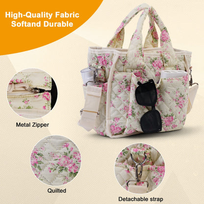 Floral Quilted Tote Bag for Women, Cute Crossbody Shoulder Purse with Pockets, Everyday Handbags