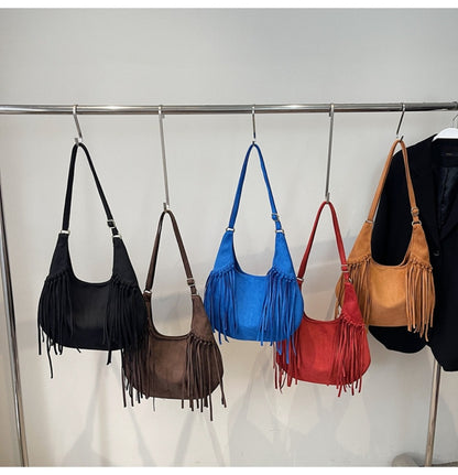 Women's Vintage Large Capacity Dumpling Bag - / Crossbody Purse with Tassel Fringe, Detachable Strap & Button Closure, Underarm Handbag for Fall/Winter (///) - Casual & Dressy Outfits