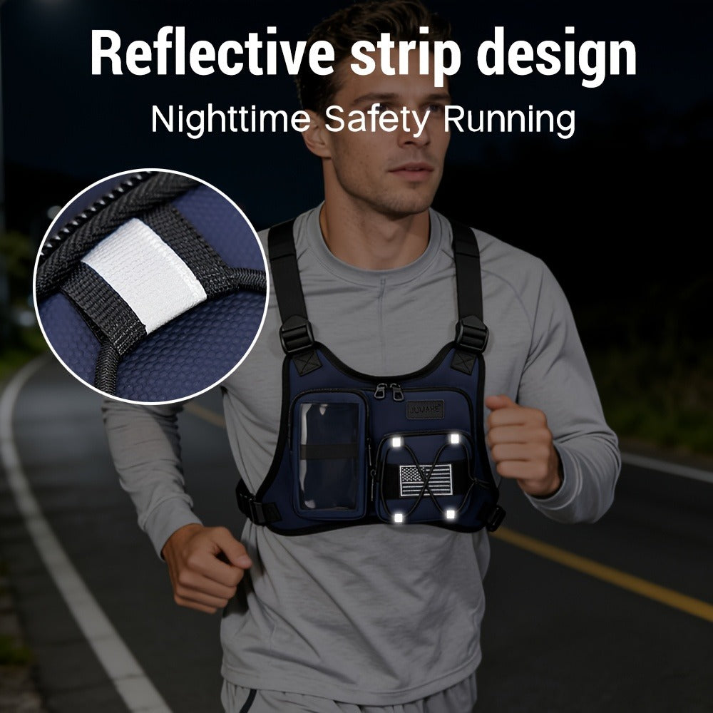 Men' & Women' Running Vest Bag with Built-in Phone Holder & Chest Pack - Hands-Free Workout Carrier Suitable for Cycling, Hiking, Travel, Motorcycle Accessories, Zipper Closure, Phone Mount for Smartphones, Outdoor Sports Gear