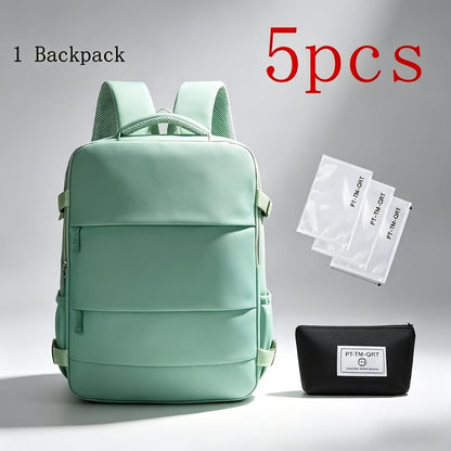5pcs Women'S Backpack Large Capacity Travel Bag, Expandable Large Capacity Luggage Backpack, Solid Color Business Weekend Bag with Shoe Compartment, Adjustable Straps, 180° Opening, Airline Travel Standard, Multiple Colors Available