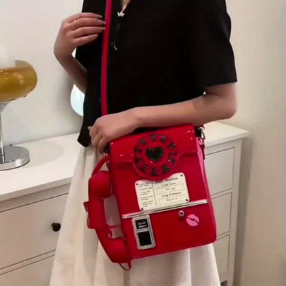 Creative And Stylish PU Glossy Chic Retro Telephone-Shaped Cross Body Bag For Women - Fashionable Simulated Body Bag, Irregular Bag, Shoulder Purse, Comb Bag, Available In Black, Red, Pink. A Perfect Birthday Gift For Your Best Friend Or Family