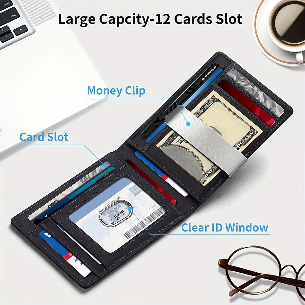 AirTag Leather Wallet for Men, Men's Leather Bifold Wallet, RFID Blocking with ID Window & Cash Slot, Gift Box Ready, Gift Wallet for Dad (Air Tag Not Included)