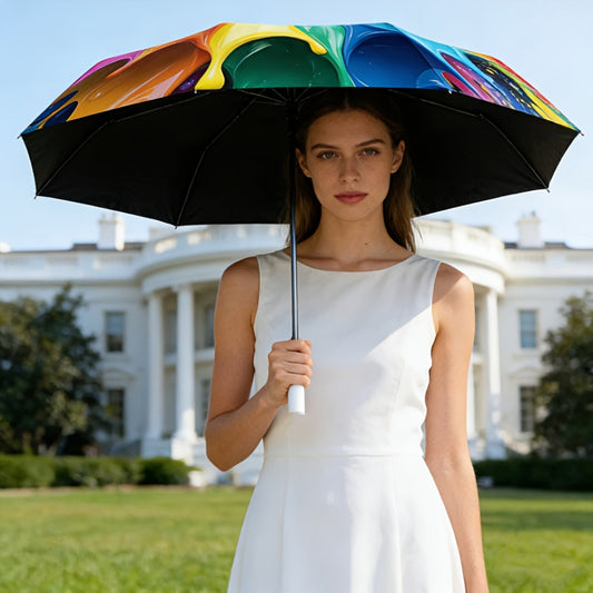 Portable Collapsible Umbrella Featuring a Rainbow Swirl Design with Paint-Like Splashes. A Casual Accessory Perfect for Christmas, Birthdays, Or Festivals