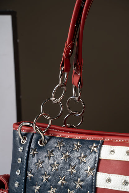 American Flag USA Stars And Stripes Patriotic Faux Leather Purse Women Rhinestone Country Handbag Wallet Set Red White And Blue