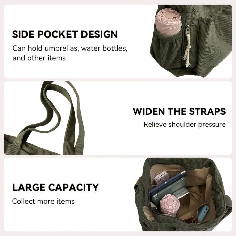 Spacious And Trendy Shoulder Bag for Women, Crafted from Corduroy Fabric. an Essential Addition to Your Wardrobe, It Includes Small Inner Pockets, a Zipper Closure, a Chic Minimalist Design for Underarm Wear, And Elastic Side Pockets