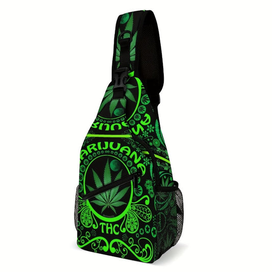 Green Leaf Flag Weeds Large Men'S Crossbody Bag, Chest Bag, Stylish And Durable, Casual And Versatile Chest Bag, with Zipper, Suitable for Leisure Vacation, Outdoor Sports And Daily Travel 2D Flat Printing