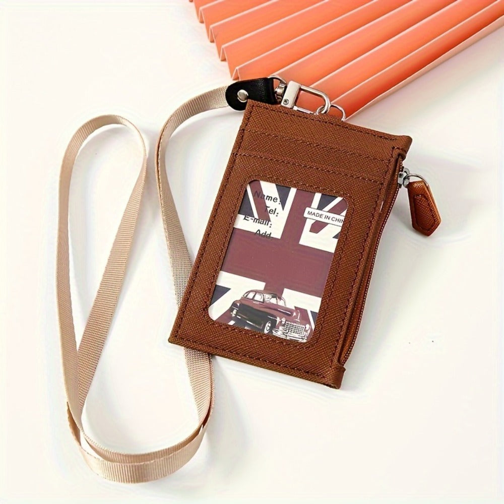 1pc Casual Faux Leather Card Holder with Lanyard, Zippered ID Case, Unlined, Hand Washable, with Lanyard for Card Storage