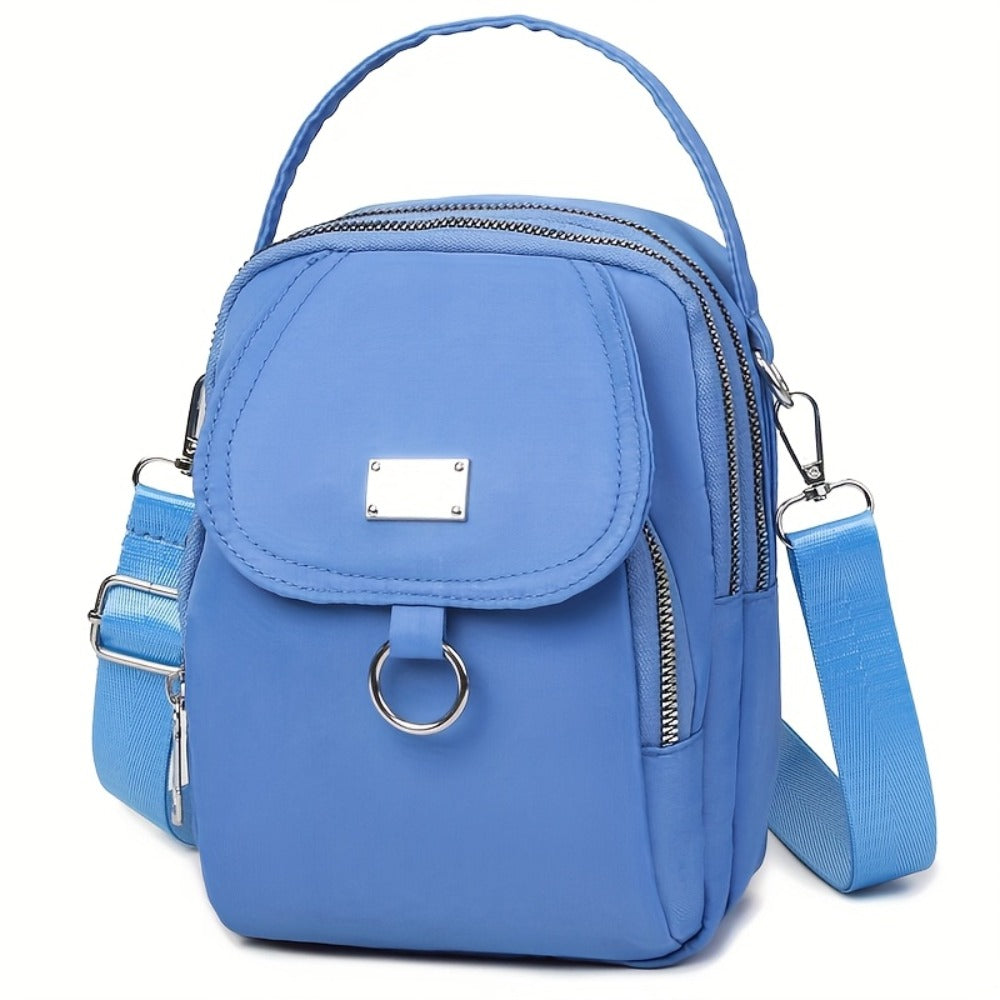 4 Colors Lightweight Nylon Women's Messenger Bag - Casual Mini Handbag with Multi-Zipper Compartments, Detachable Adjustable Shoulder Strap & Metal Rings, Available in Lavender, Black, Dark Purple, Grey, Brown, Sapphire Blue, Small Crossbody Bag, Versatil