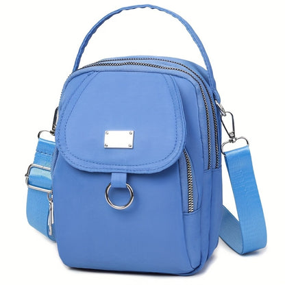4 Colors Lightweight Nylon Women's Messenger Bag - Casual Mini Handbag with Multi-Zipper Compartments, Detachable Adjustable Shoulder Strap & Metal Rings, Available in Lavender, Black, Dark Purple, Grey, Brown, Sapphire Blue, Small Crossbody Bag, Versatil