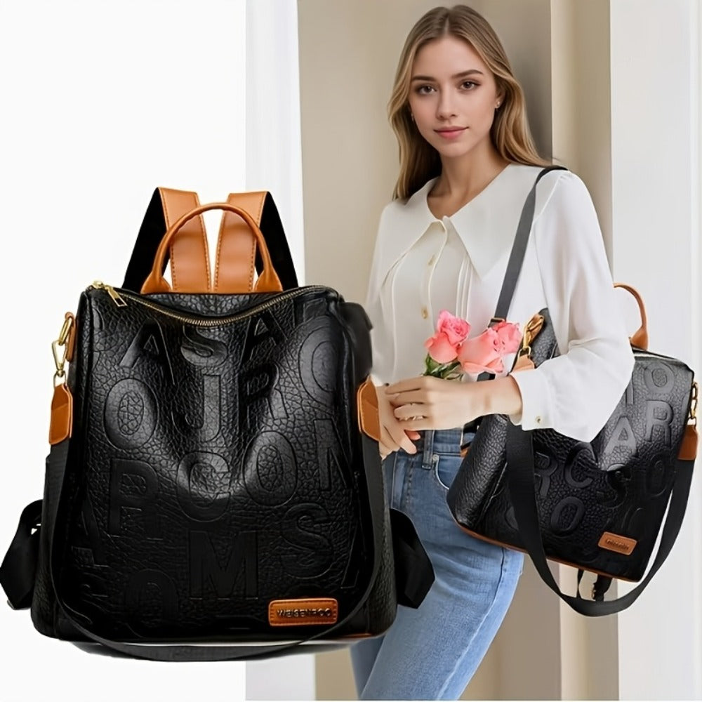 A Stylish And Modern Backpack for Women Featuring a Solid Color with Embossed Letters, a Classic Crocodile Pattern, And Golden Hardware Accents. It'S Lightweight with an Adjustable Shoulder Strap, Making It Ideal for Commuting, Leisure, Or Travel