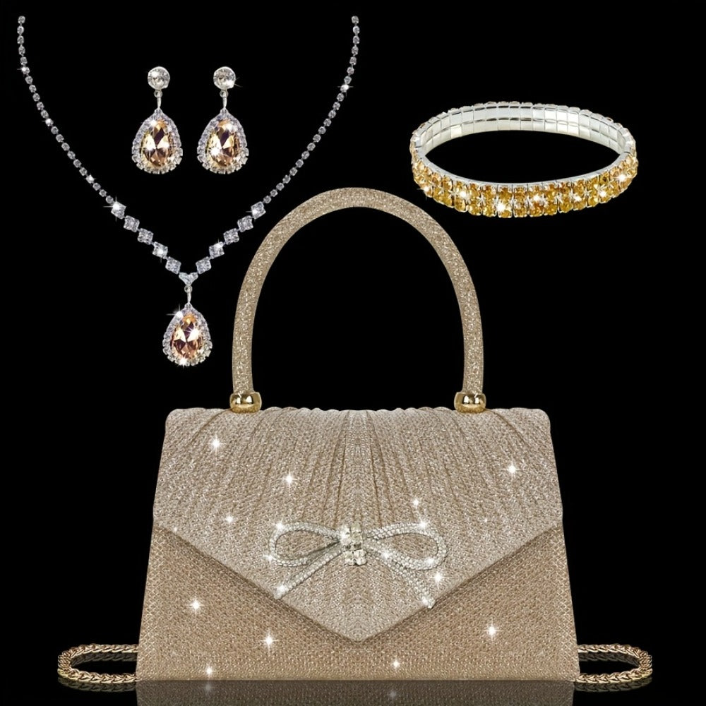 [Elegant Sequin Clutch Set] Elegant Champagne Sequin Clutch with Rhinestone Bow - Matching Rhinestone Earrings, Necklace & Bracelet Set | Ideal Valentine's Day Gift for Women, Party Accessory | Detailed Closure