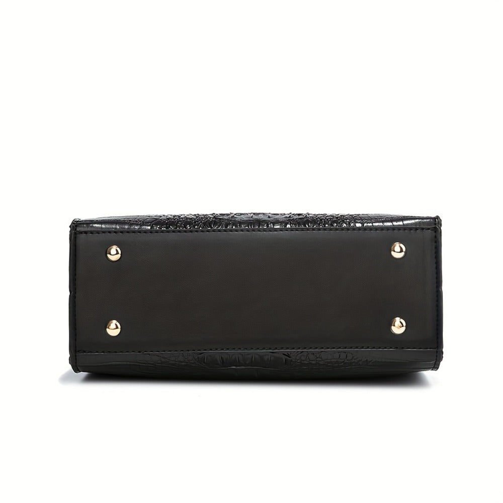 A Women'S Bag Featuring a Crocodile Print Texture, Designed for Both Hand And Crossbody Use, with a Heart-Shaped Hanging Decoration As a Finishing Touch