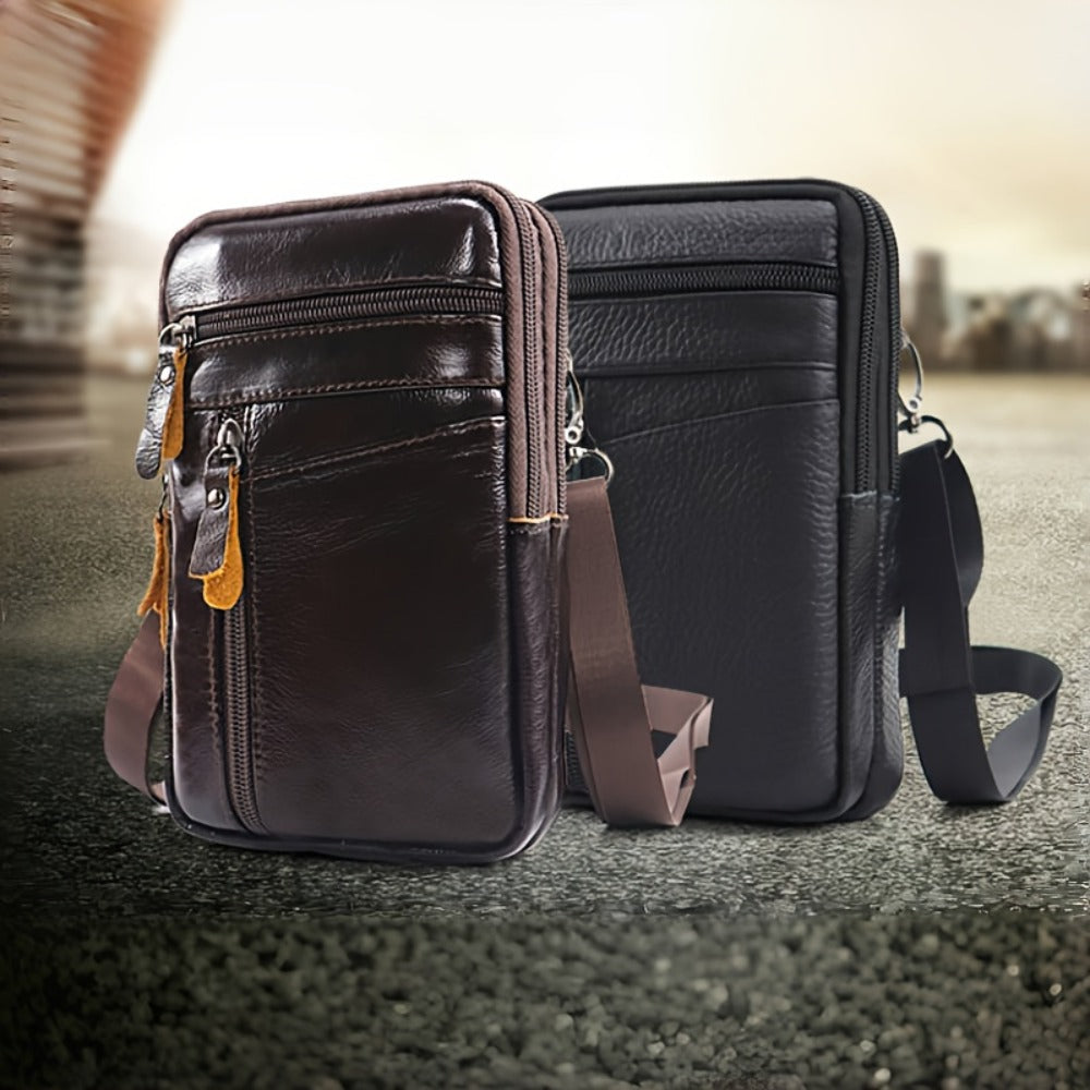 Men's Genuine Leather Sling Bag Belt Pack with Multi-Layer Crossbody Waist Pack Suitable for Daily Use, Outdoor Travel & Business - Adjustable Strap, Secure Zipper Closure, Hands-Free Carry - Top Layer Cowhide ()