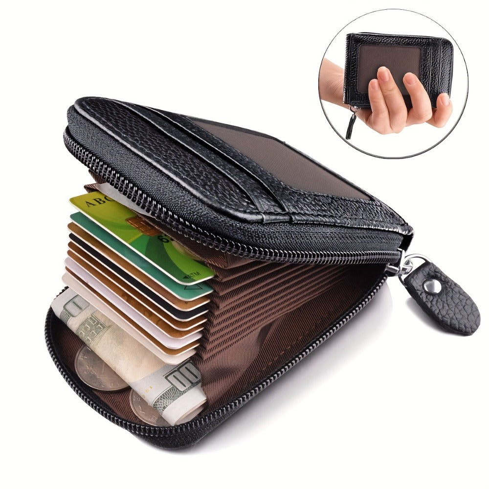 Men's Women's RFID Blocking Leather Mini Wallet -9 Card Slots Card Holder Case Organizer Compact Zipper Around Purse with ID Window and Drivers License