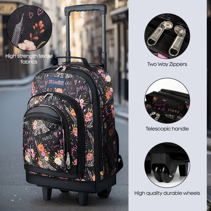 20 Inch Travel Rolling Backpack with Retractable Handle,Large Capacity Backpack with Wheels for Women & Men,Printing Travel Trolley Suitcase Bag for Weekend, School, Overnight, Work