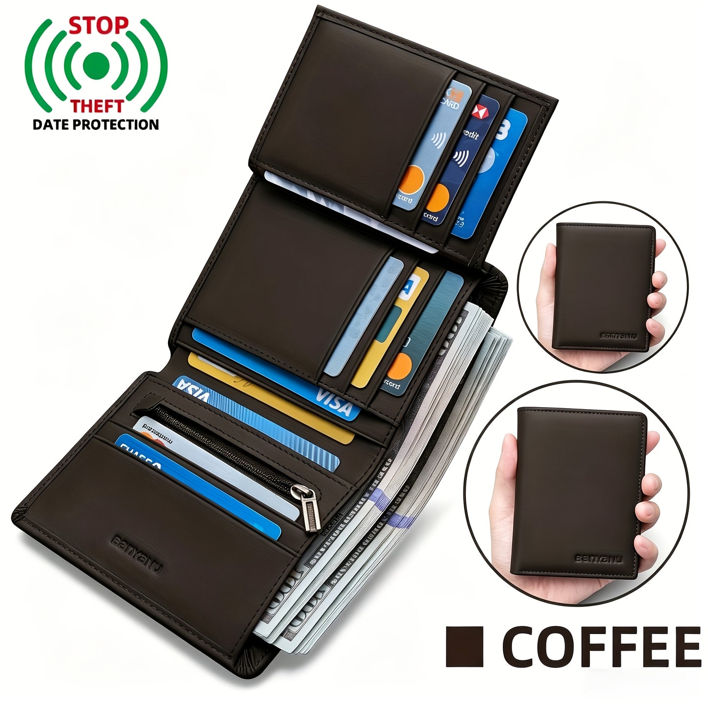 Genuine Leather Three-Fold Wallet for Men, 13 Card Slots with Anti-Theft Feature