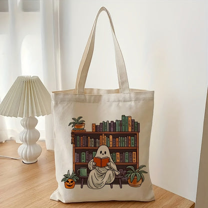 One Halloween-Themed Tote Bag Featuring a Spooky Ghost And Bookshelf Design - a Beige Canvas Shoulder Bag Adorned with Jack-O'-Lanterns, Pumpkins, And Books, Which Is Foldable And Sturdy, Perfect for Shopping, Travel, Everyday Use