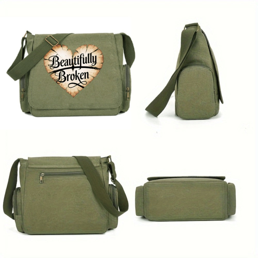 A Spacious Ladies' Shoulder Bag with a Flip-Top Design, Featuring a Vintage Style And a Heart-Shaped Crack Pattern Adorned with The Phrase 'Beautifully Broken'. It'S Perfect for Everyday Use And Travel