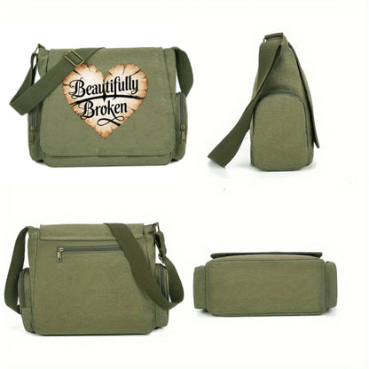 A Spacious Ladies' Shoulder Bag with a Flip-Top Design, Featuring a Vintage Style And a Heart-Shaped Crack Pattern Adorned with The Phrase 'Beautifully Broken'. It'S Perfect for Everyday Use And Travel