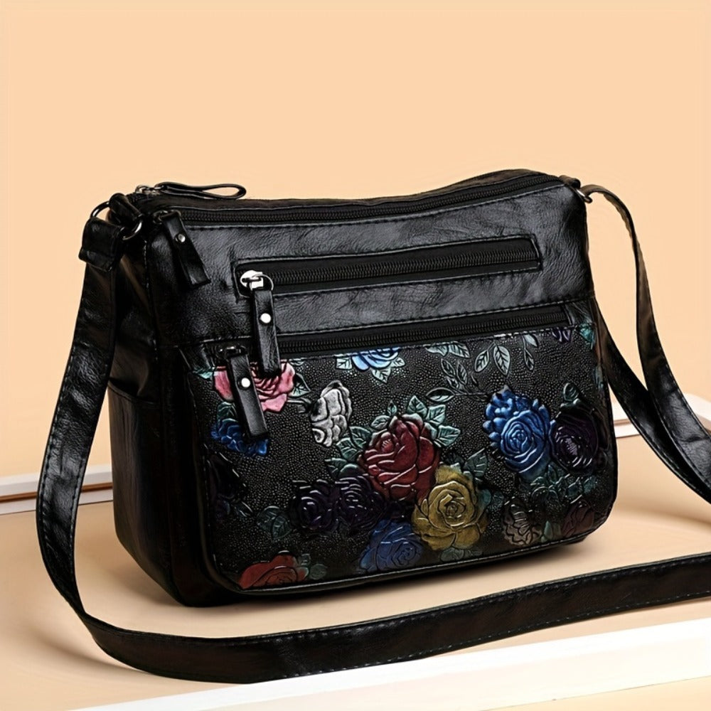 Women's PU Vintage Embossed Bag - Multi-Compartment Crossbody Shoulder Purse with Zipper Closure, Lightweight Commuter Handbag Gift Suitable for, Travel, Everyday Use -