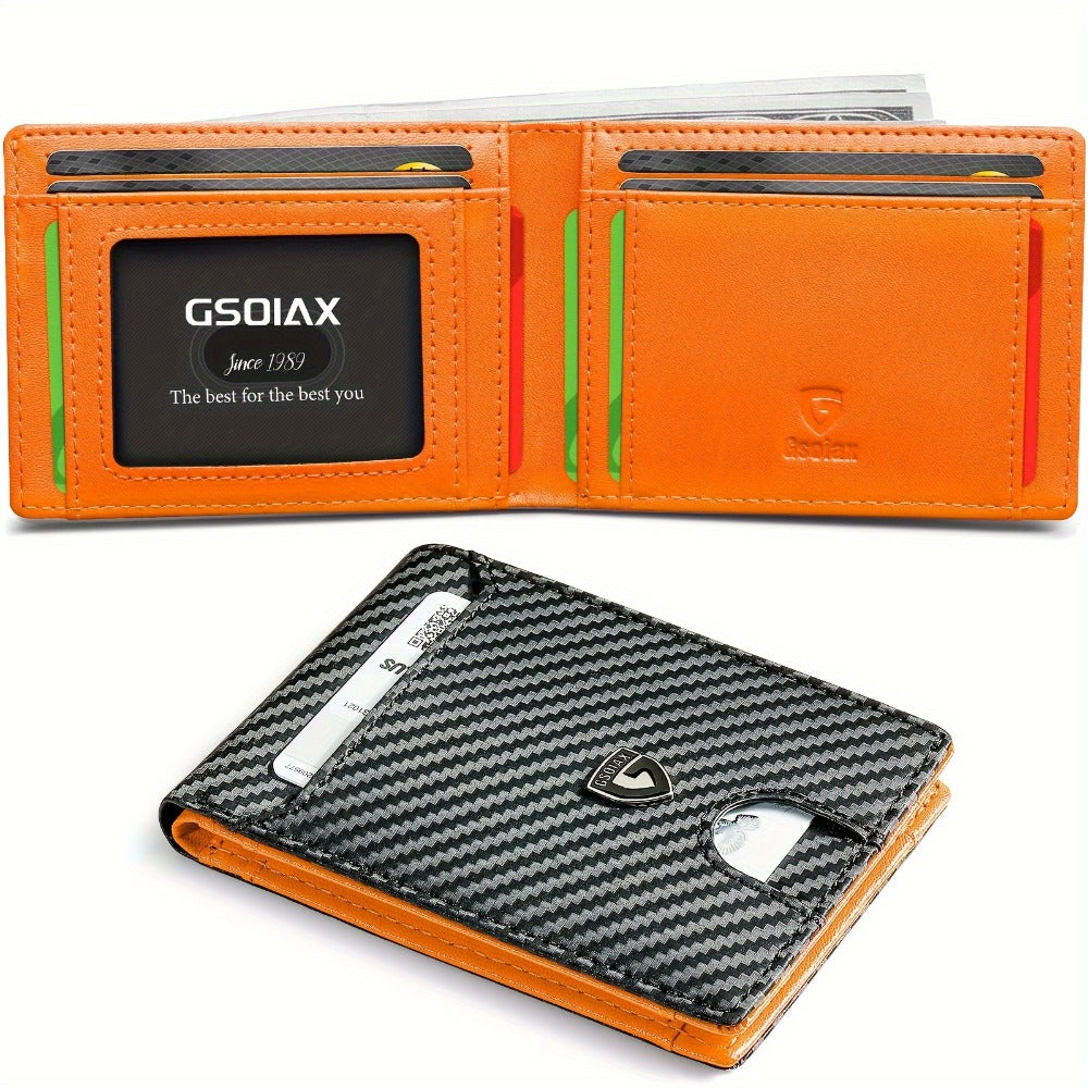 A Minimalist Ultra-thin Leather Wallet For Men With RFID Blocking, Double Folding Credit Card Holder With A Carbon Fiber Appearance, Comes With A Gift Box.