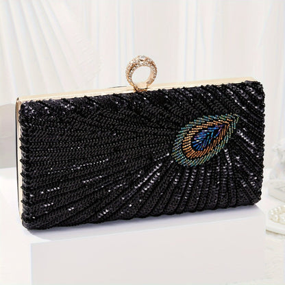 [Evening Clutch Purse] Vintage Beaded Sequins Rhinestone Evening Clutch Purse Luxury Peacock Feather Women Dinner Party Evening Bag Handbag for Wedding Formal