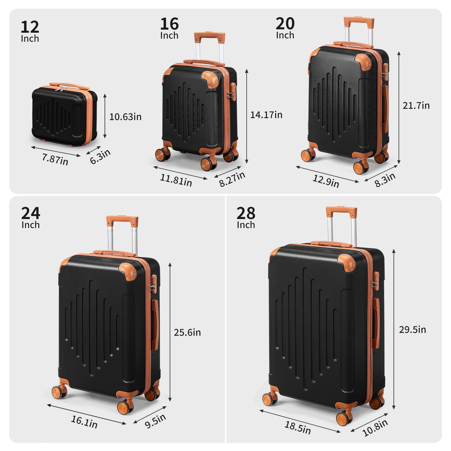 5-Piece Luggage Set Suitcases with Lock, 12/16/20/24/28 Inch Lightweight Trolley Case, Durable PP Material for Men Women, Ideal for Travel & Long Journeys