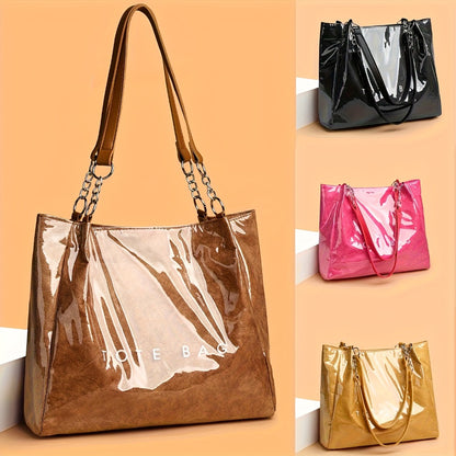 Fashionable Ladies Handbag with One Shoulder Bag Transparent Design, Zipper Closure, Polyester Lining - Perfect for Everyday Use Or Gift-available - Available In Black, Golden,  And Brown