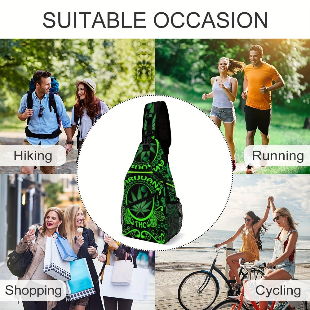 Green Leaf Flag Weeds Large Men'S Crossbody Bag, Chest Bag, Stylish And Durable, Casual And Versatile Chest Bag, with Zipper, Suitable for Leisure Vacation, Outdoor Sports And Daily Travel 2D Flat Printing