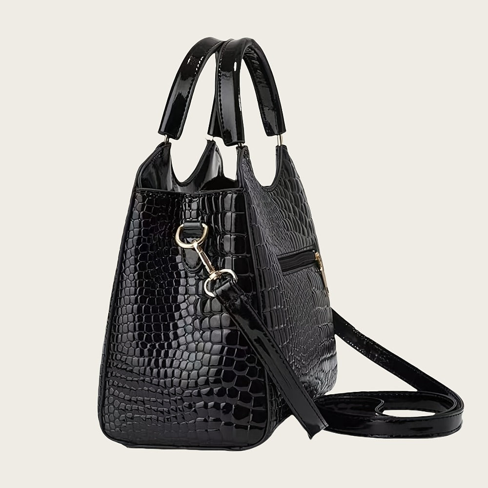 Large Volume Shiny Mother-Tote Bag Stylish with Crocodile Print
