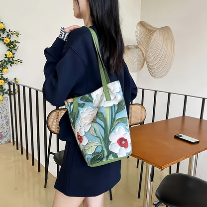 Fashion Oil Painting Flower Summer Handbag - Women'S Trendy Lightweight Shoulder Bag, Summer Large Capacity Tote Bag, Shoulder Back And Bucket Design, Magnetic Buckle Closure, Suitable For Daily Commuting And Leisure Bucket Bag.