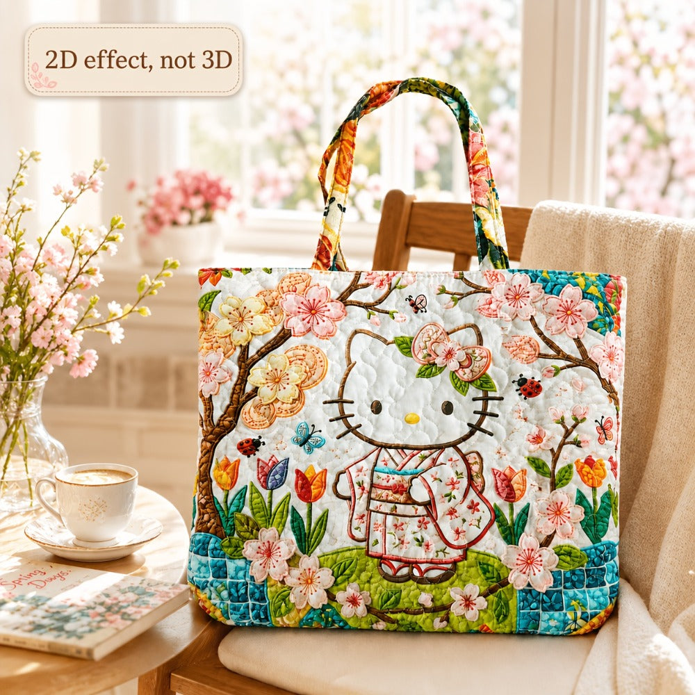[Gift for Women] (Official Authorization) Sanrio Hello Kitty Quilted Tote Bag, Cute Floral Kimono Style Large Capacity Shoulder Handbag, Kawaii Reusable Tote for School, Travel, Shopping, Gift for Women Flat 2D Effect