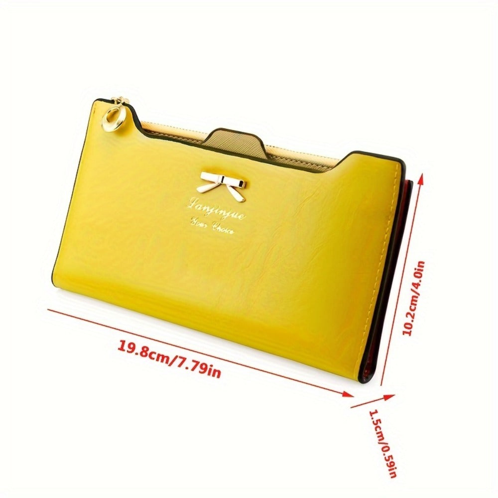 Fashion Cute Bowknot Long Wallet, Zipper Multi-card Clutch Coin Money Purse, Women's PU Leather Phone Handbag, Credit Card Holder