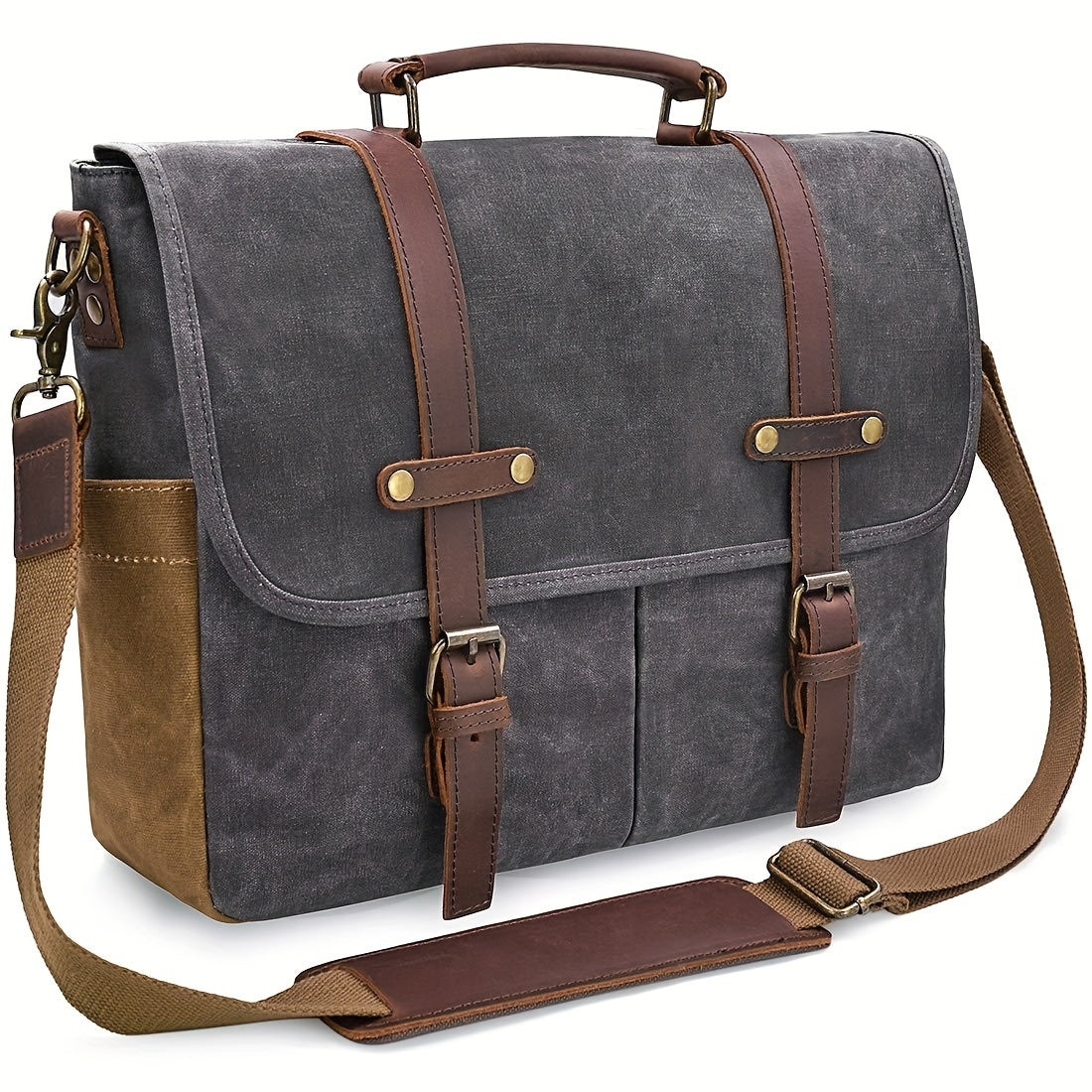 Mens Messenger Bag 15.6 Inch High Quality Vintage Genuine Leather Waxed Canvas Briefcase Large Leather Computer Laptop Bag Rugged Satchel Shoulder Bag