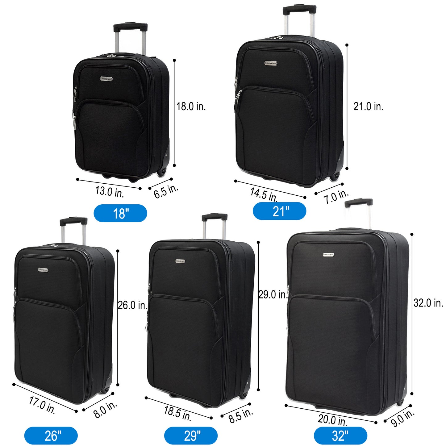 5-Piece Lightweight Softside Luggage Set – 2-Wheel Expandable Rolling Suitcases with Telescopic Handle – Durable Travel Case Set in Multiple Sizes – Inline Wheels & Zipper Compartments – Ideal for Business, Family Travel, Weekend Trips – Black, Red, Brown