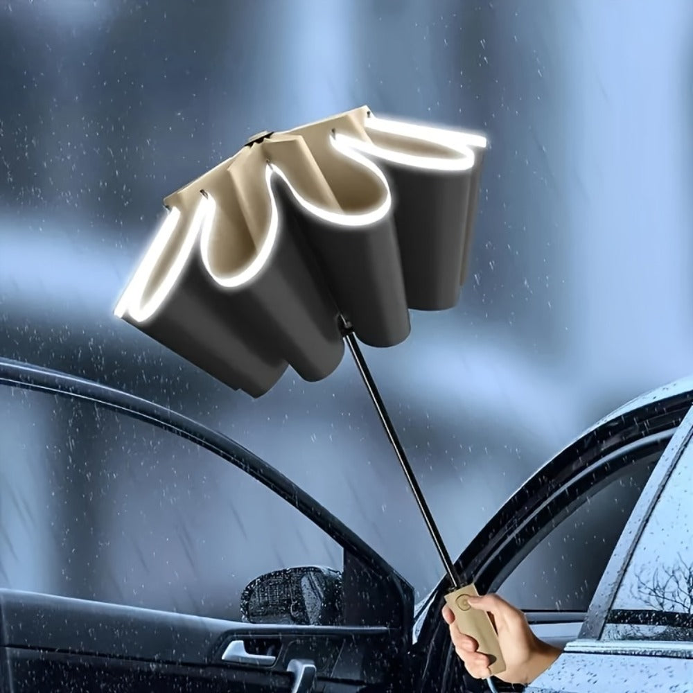 1pc Fully Automatic Reverse Folding Umbrella with 20 Ribs, Windproof, Design, Double Bone Structure, Equipped with Night Reflective Strips - Made Of High-Density Material, Uitable for Daily Use By Both Men And Women.